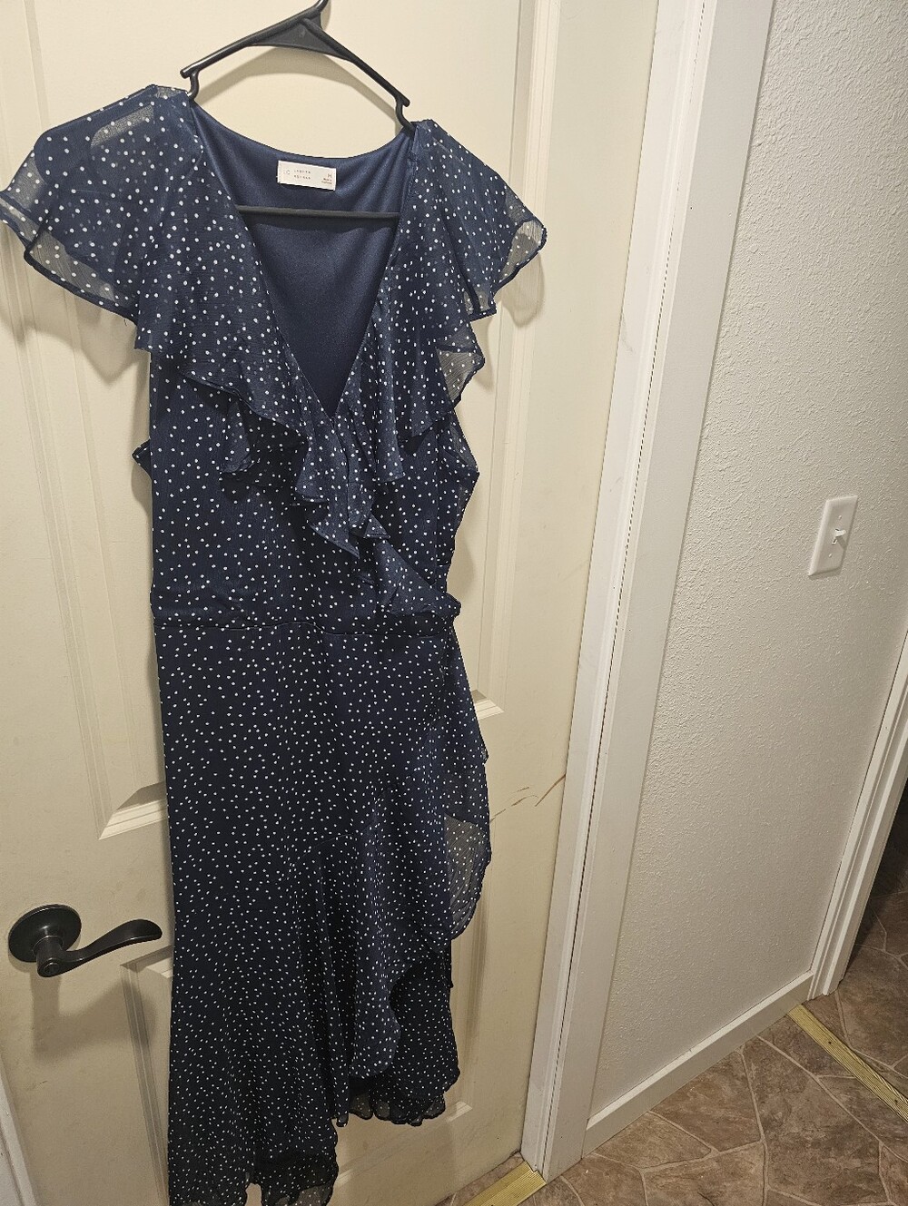 LC Lauren Conrad Navy Polka Dot Ruffle Wrap Midi Dress